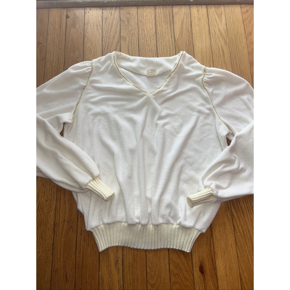 Vintage 70s Women's White Velour Sweater Small  Gold Trim Small